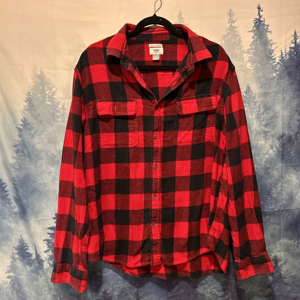 OLD NAVY Flannel Shirt Mens XL Red Black Buffalo Plaid Long Sleeve Button Up